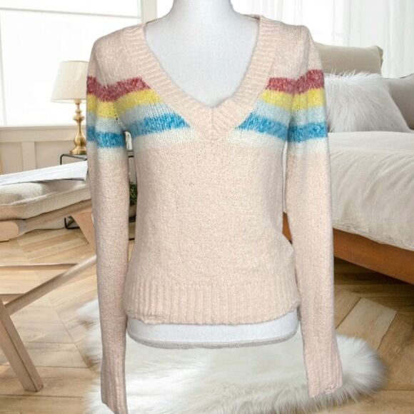 WILDFOX DREAMER RAINBOW STRIPE V NECK KNIT DISTRESSED SWEATER - Picture 4 of 12